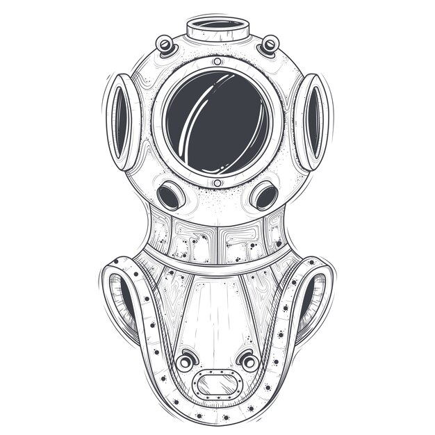 Vector de arte de línea retro equipo de buceo de aguas profundas