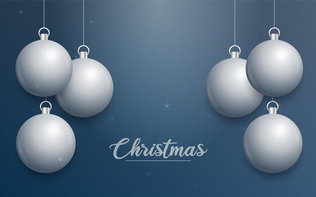 Vector banner de Navidad con decoraciones Feliz Navidad texto adornos de plata sobre fondo azul Ilustración vectorial