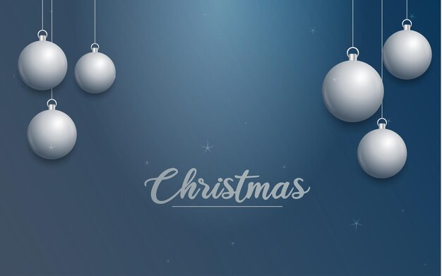 Vector banner de Navidad con decoraciones Feliz Navidad texto adornos de plata sobre fondo azul Ilustración vectorial