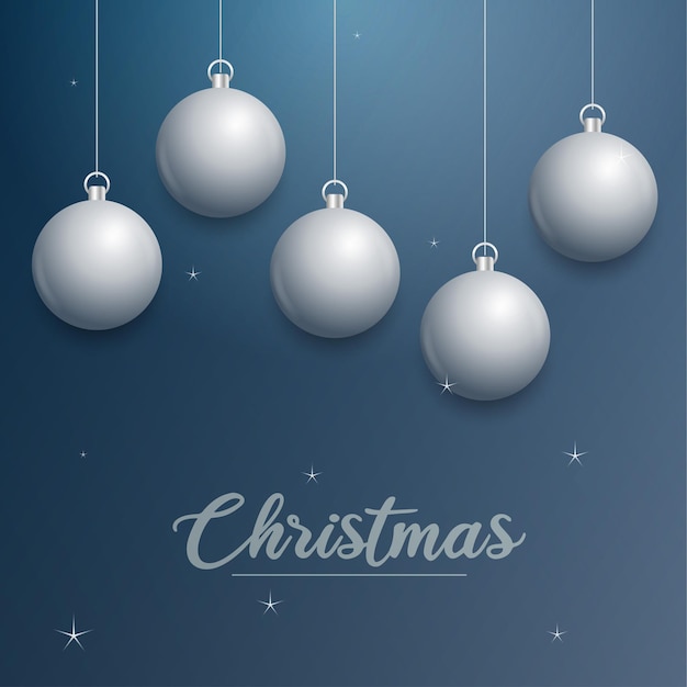 Vector banner de Navidad con decoraciones Feliz Navidad texto adornos de plata sobre fondo azul Ilustración vectorial
