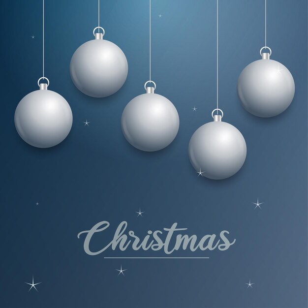 Vector banner de Navidad con decoraciones Feliz Navidad texto adornos de plata sobre fondo azul Ilustración vectorial