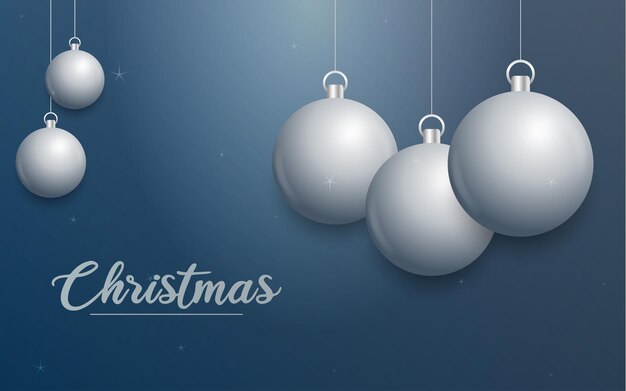Vector banner de Navidad con decoraciones Feliz Navidad texto adornos de plata sobre fondo azul Ilustración vectorial