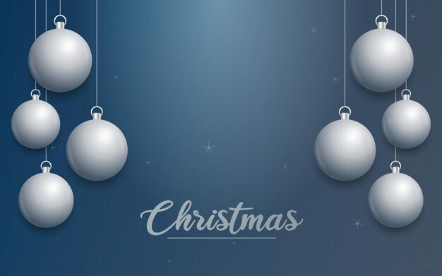 Vector banner de Navidad con decoraciones Feliz Navidad texto adornos de plata sobre fondo azul Ilustración vectorial
