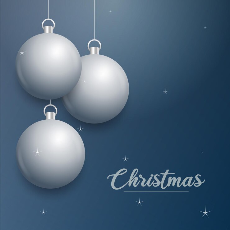 Vector gratuito vector banner de navidad con decoraciones feliz navidad texto adornos de plata sobre fondo azul ilustración vectorial