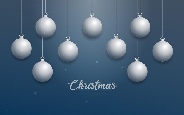 Vector banner de Navidad con decoraciones Feliz Navidad texto adornos de plata sobre fondo azul Ilustración vectorial