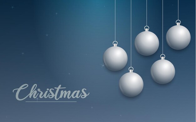 Vector banner de Navidad con decoraciones Feliz Navidad texto adornos de plata sobre fondo azul Ilustración vectorial