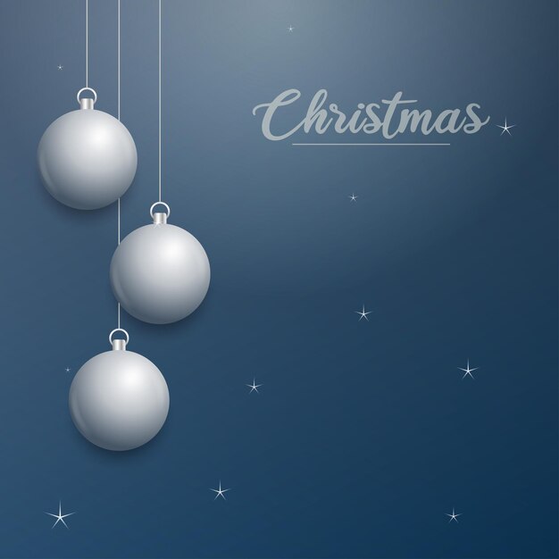 Vector banner de Navidad con decoraciones Feliz Navidad texto adornos de plata sobre fondo azul Ilustración vectorial