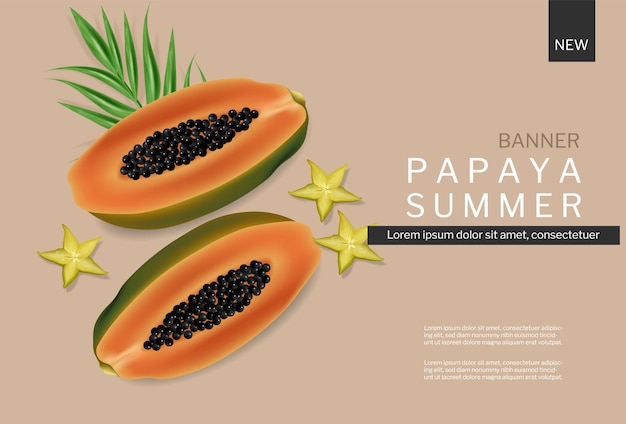 Vector de banner de verano de papaya realista. Fondos de plantilla de frutas tropicales