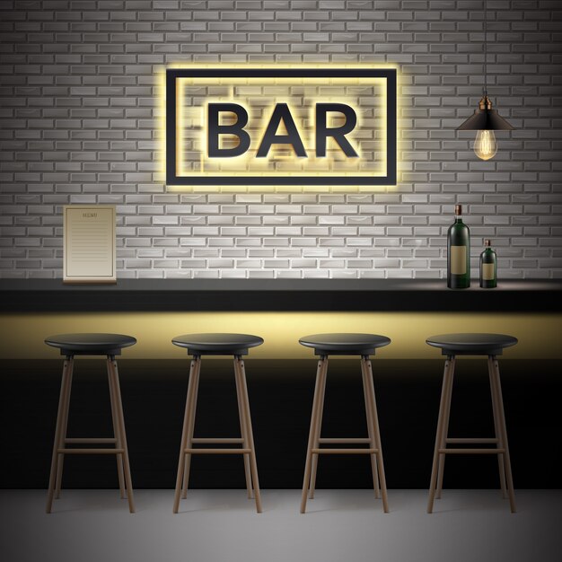 Vector bar, interior de pub con paredes de ladrillo, mostrador, sillas, botellas de alcohol, menú, letrero iluminado y lámpara