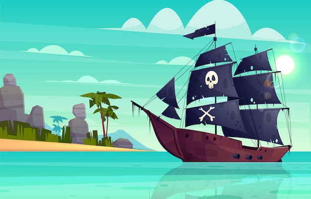 Vector el barco pirata de la historieta en el agua, playa de la arena de la bahía.