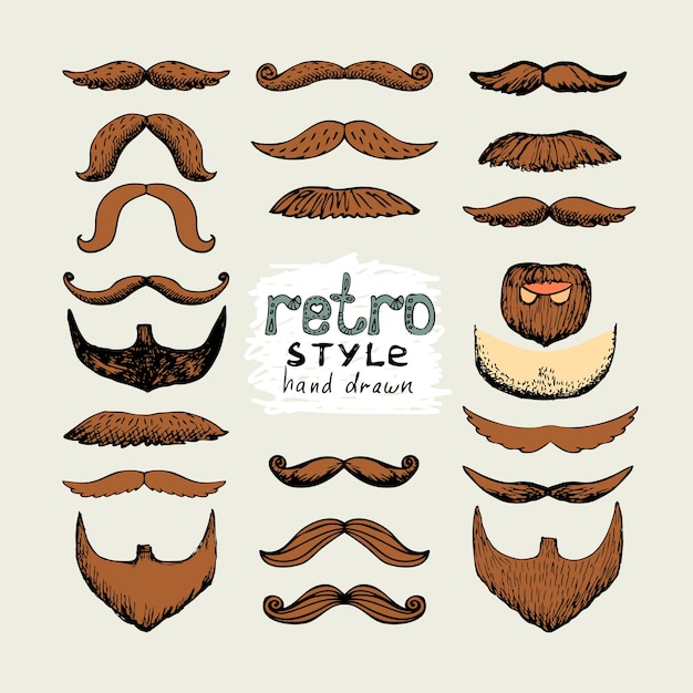 Vector boceto bigotes y barbas en estilo retro