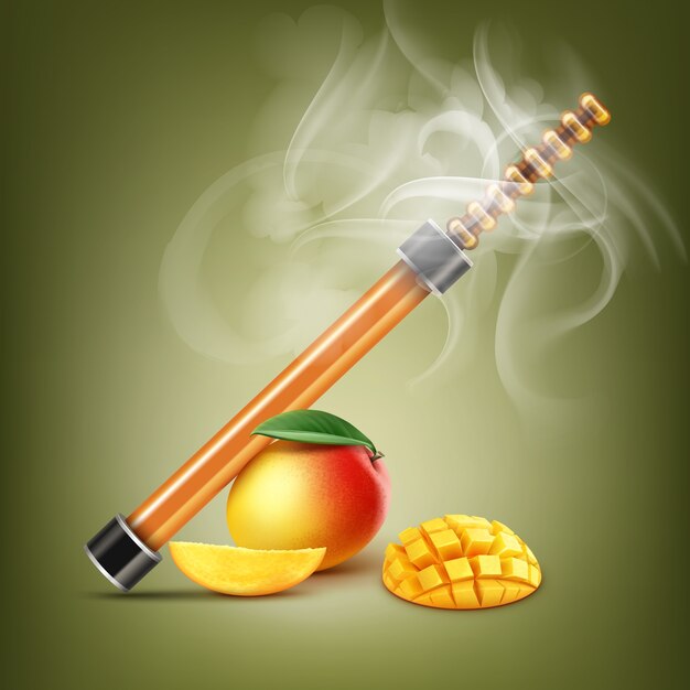 Vector de cachimba electrónica naranja con mango y humo sobre fondo de color pistacho