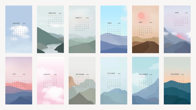 Vector de calendario anual de cielo y montaña en un conjunto de plantillas vectoriales imprimibles de estética escandinava mínima
