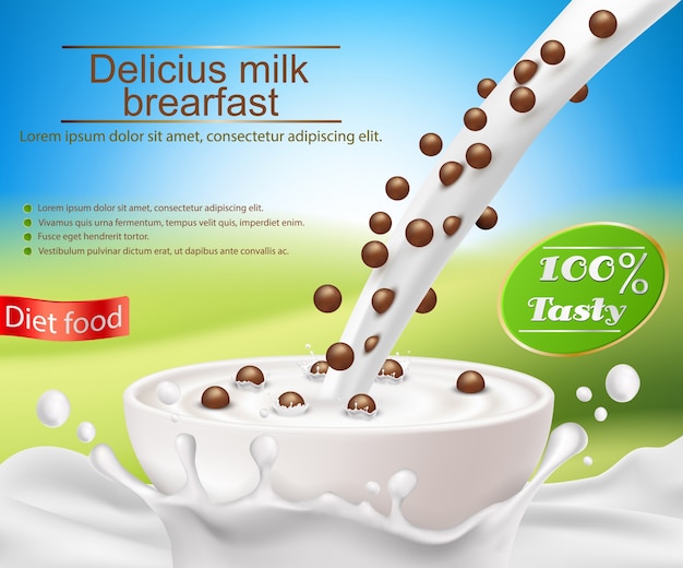 Vector gratuito vector cartel realista con un chapoteo de leche y la leche verter en una taza con un desayuno de cereales, bolas de cereales de chocolate