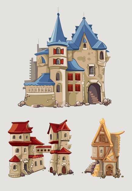 Vector de castillos y edificios medievales en estilo de dibujos animados. Arquitectura de fantasía con edificio de torre, ilustración de cuento del reino