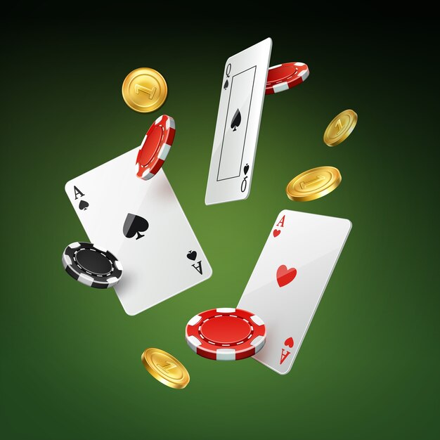 Vector cayendo naipes, monedas de oro y fichas de casino negras, rojas aisladas sobre fondo verde