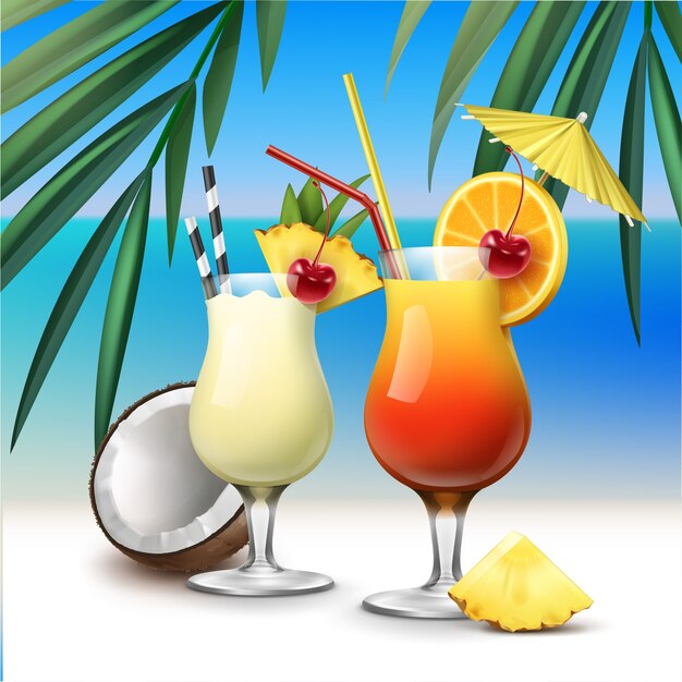 Vector de cócteles tropicales Tequila Sunrise y Pina Colada en la playa azul con fondo de hojas de palma