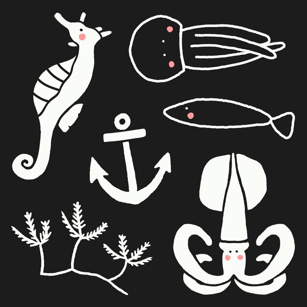 Vector de colección de animales bajo el agua dibujado a mano