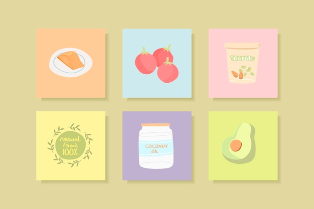 Vector de colección de tarjetas de alimentos saludables