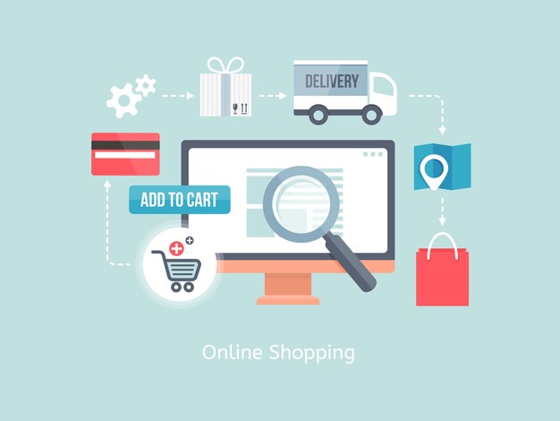 vector de compra online y concepto de comercio electrónico con iconos