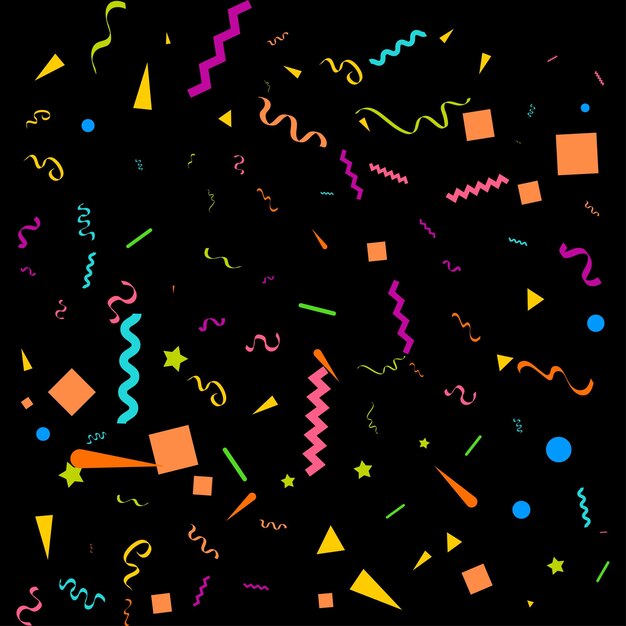 Vector de confeti colorido Ilustración festiva de confeti brillante que cae aislado sobre fondo negro Elemento de oropel decorativo de vacaciones para el diseño