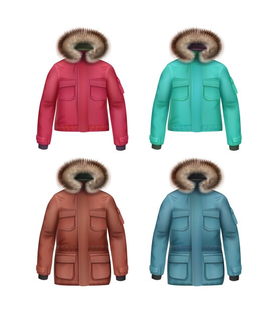 Vector conjunto de abrigos de invierno deportivos largos y cortos de color marrón, rosa, turquesa, azul con vista frontal de capucha de piel aislada sobre fondo blanco