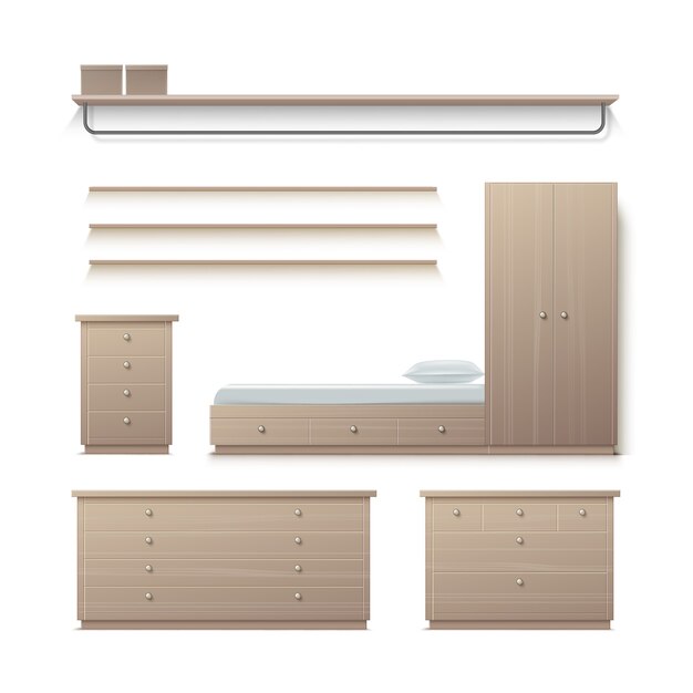 Vector conjunto de armario beige, armario, mesita de noche, perchero, perchero y almohada vista frontal aislado sobre fondo