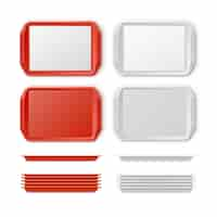 Vector gratuito vector conjunto de bandeja de plástico blanco rojo rectangular bandeja con asas vista superior aislado sobre fondo