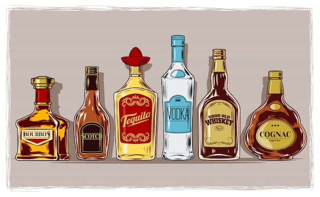 Vector conjunto de botellas con alcohol y copas