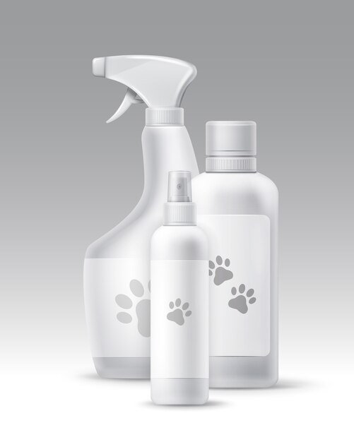 Vector conjunto de botellas de plástico para la higiene de las mascotas y groomong aislado sobre fondo
