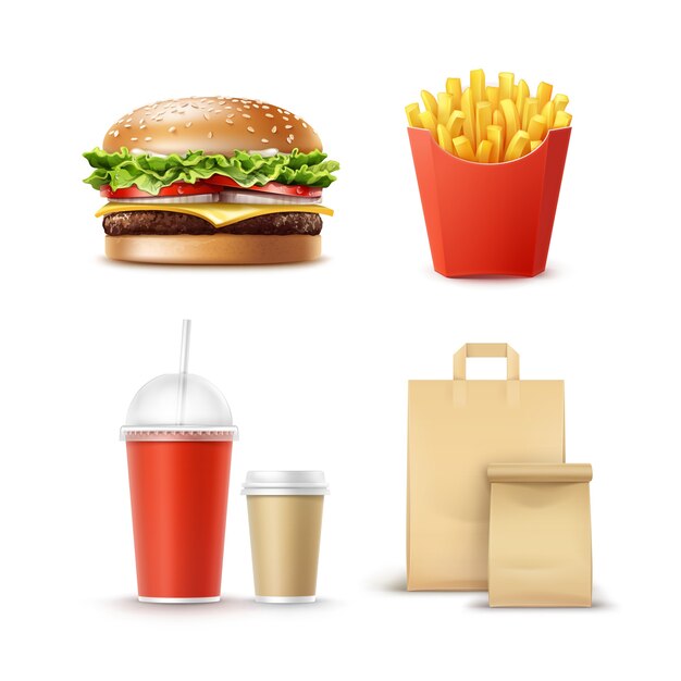 Vector Conjunto de comida rápida de hamburguesa realista Hamburguesa clásica Patatas Papas fritas en caja roja Tazas de cartón en blanco para café Bebidas sin alcohol con pajita y papel artesanal Bolsas de almuerzo con asa para llevar.