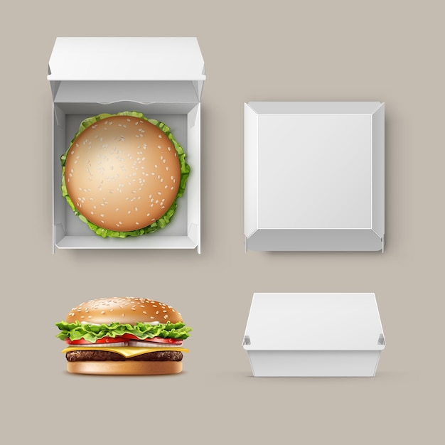 Vector gratuito vector conjunto de contenedor de caja de paquete de cartón blanco en blanco vacío realista para la marca con hamburguesa hamburguesa clásica hamburguesa con queso americana cerrar vista lateral superior aislada sobre fondo blanco. comida rápida