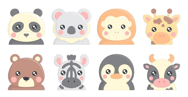 Vector conjunto de dibujos animados varios animales de cara aislado sobre fondo blanco