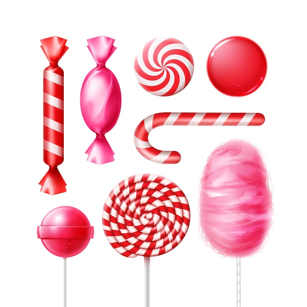 Vector conjunto de diferentes dulces en envoltorios de papel de aluminio de rayas rosadas, rojas, piruletas de remolino, bastón de Navidad y algodón de azúcar aislado sobre fondo blanco