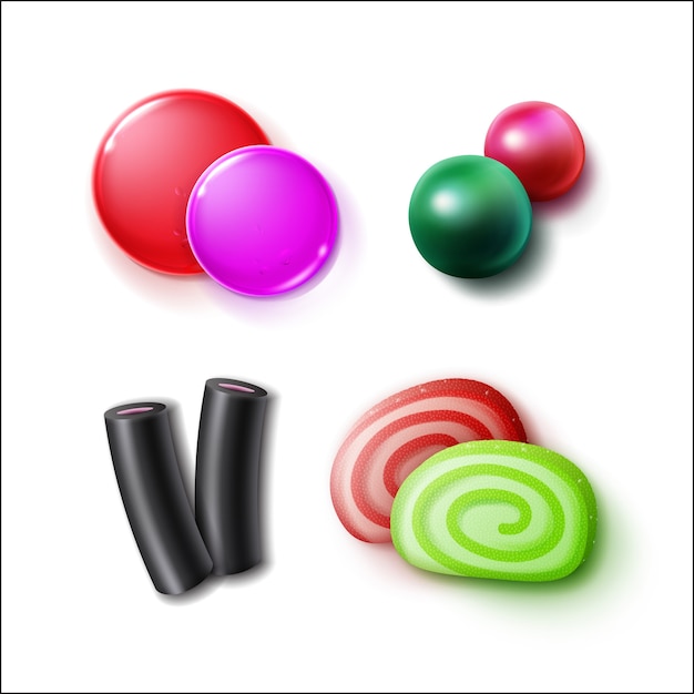 Vector gratuito vector conjunto de diferentes dulces rosados, verdes, rojos, negros, caramelos, bombones y mermeladas de cerca la vista superior aislada sobre fondo blanco
