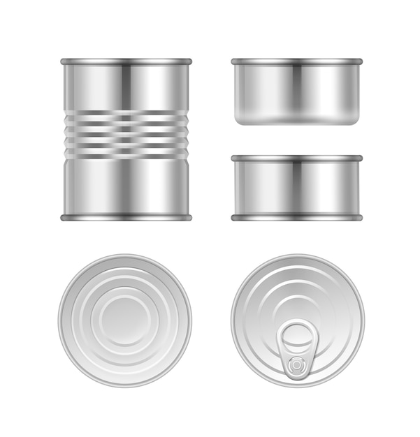 Vector conjunto de diferentes latas de acero vista superior y lateral aislado sobre fondo blanco.