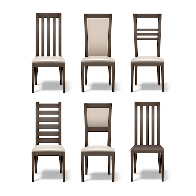 Vector gratuito vector conjunto de diferentes sillas de sala de madera marrón con tapicería beige suave aislado sobre fondo blanco.