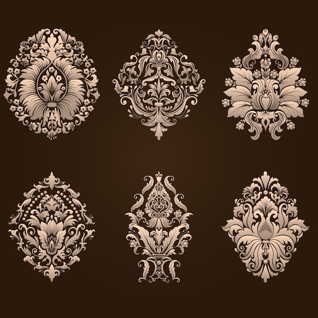 Vector conjunto de elementos ornamentales de damasco. Elegantes elementos abstractos florales para el diseño. Perfeccione para las invitaciones, las tarjetas etc.