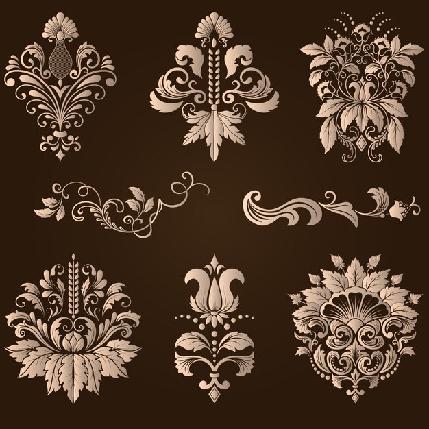 Vector conjunto de elementos ornamentales de damasco. Elegantes elementos abstractos florales para el diseño. Perfeccione para las invitaciones, las tarjetas etc.