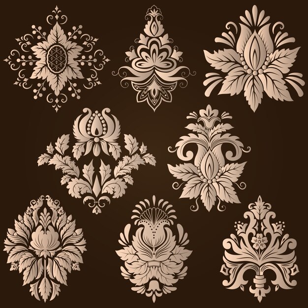 Vector conjunto de elementos ornamentales de damasco. Elegantes elementos abstractos florales para el diseño. Perfeccione para las invitaciones, las tarjetas etc.