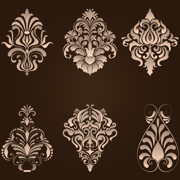 Vector conjunto de elementos ornamentales de damasco. Elegantes elementos abstractos florales para el diseño. Perfeccione para las invitaciones, las tarjetas etc.