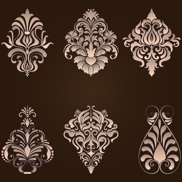 Vector conjunto de elementos ornamentales de damasco. Elegantes elementos abstractos florales para el diseño. Perfeccione para las invitaciones, las tarjetas etc.