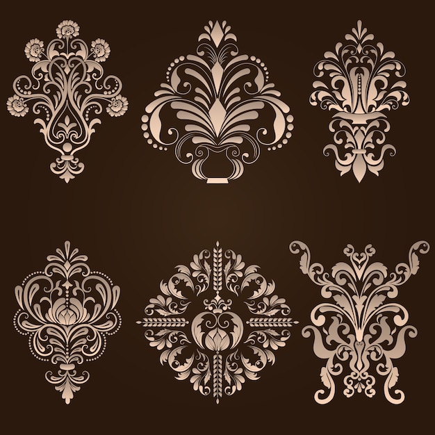 Vector conjunto de elementos ornamentales de damasco. elegantes elementos abstractos florales para el diseño. perfeccione para las invitaciones, las tarjetas etc.