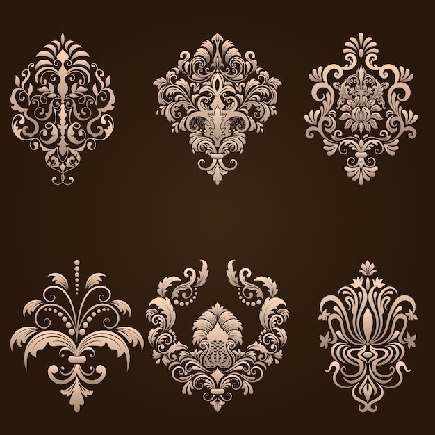 Vector conjunto de elementos ornamentales de damasco. Elegantes elementos abstractos florales para el diseño. Perfeccione para las invitaciones, las tarjetas etc.
