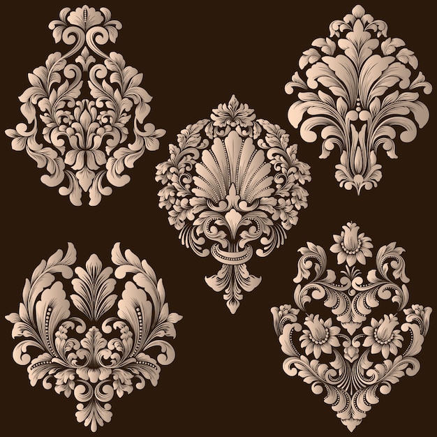 Vector conjunto de elementos ornamentales de Damasco. Elementos abstractos florales elegantes para el diseño. Perfecto para invitaciones, tarjetas, etc.