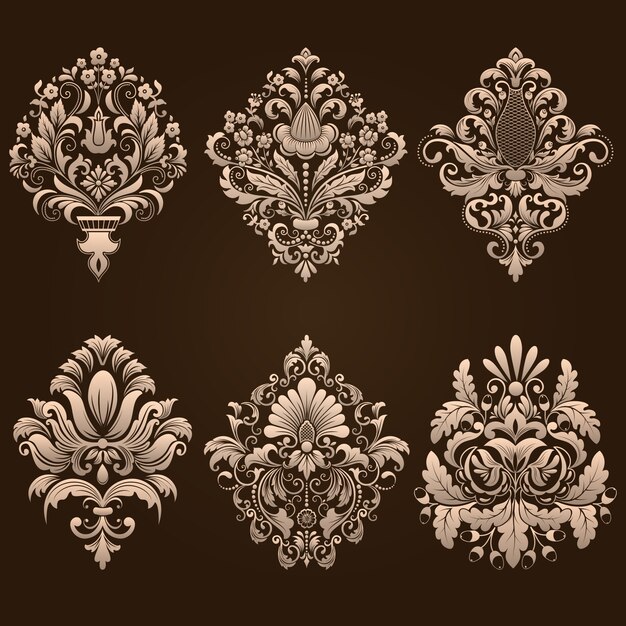 Vector conjunto de elementos ornamentales de Damasco. Elementos abstractos florales elegantes para el diseño. Perfecto para invitaciones, tarjetas, etc.