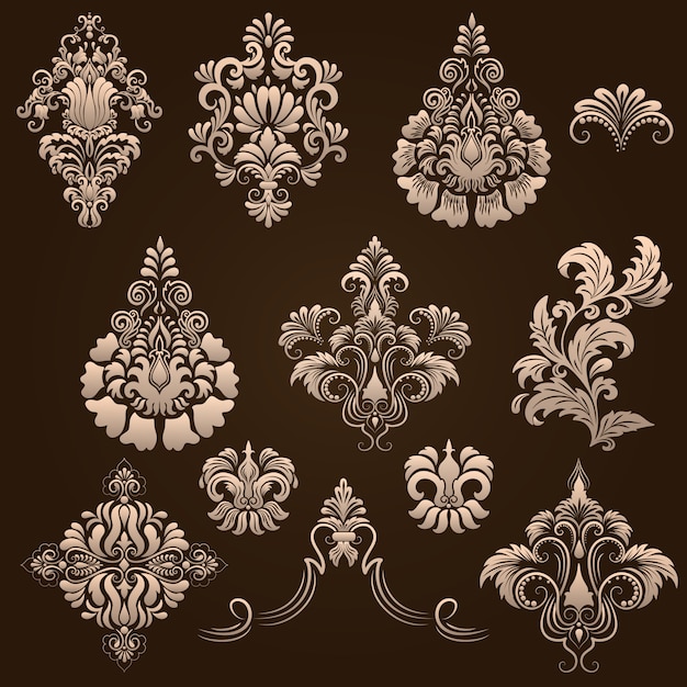 Vector conjunto de elementos ornamentales de Damasco. Elementos abstractos florales elegantes para el diseño. Perfecto para invitaciones, tarjetas, etc.