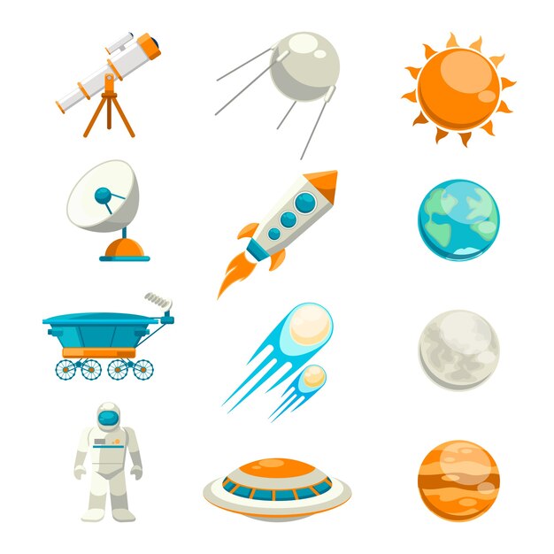Vector conjunto de espacio plano. Satélite y astronomía, exploración de planetas, estación astrológica