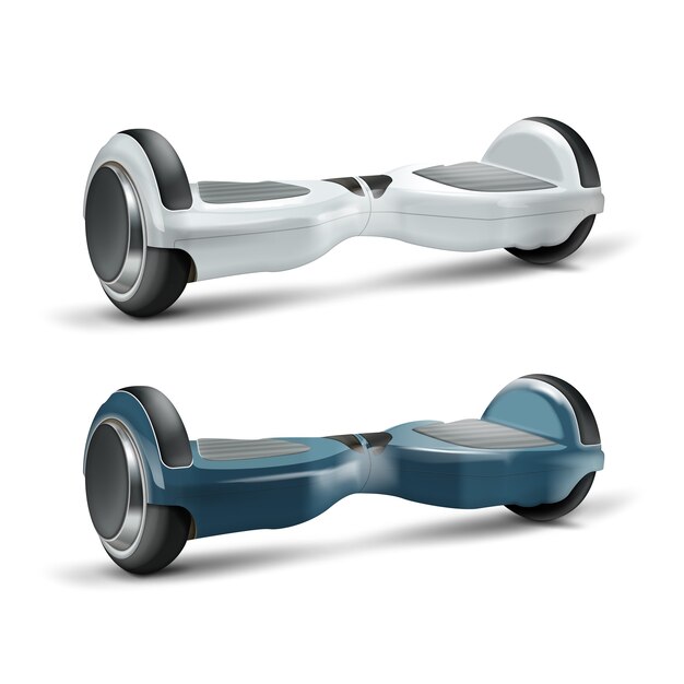 Vector conjunto de giroscopios o hoverboards blanco y azul oscuro cerca aislado sobre fondo