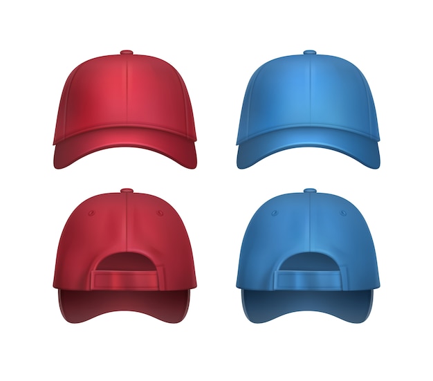 Vector conjunto de gorras de béisbol rojas, azules realistas vista lateral y trasera aislada sobre fondo blanco